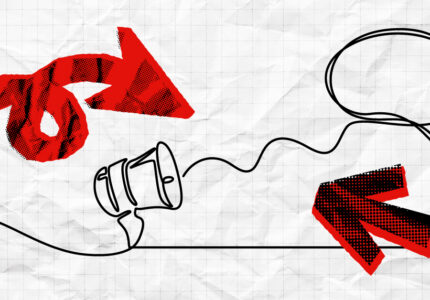 a single line showing a megaphone turning into a speech bubble with halftone red arrows around them